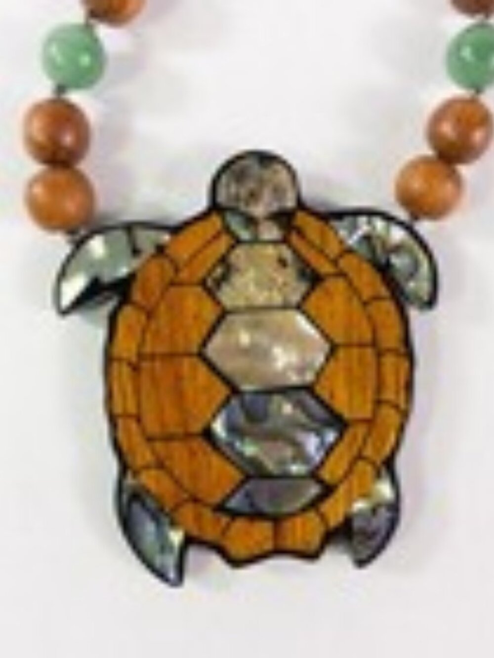 Lee Sands Turtle Necklace Abalone Inlay Bayong Wood Jade Beads 22"